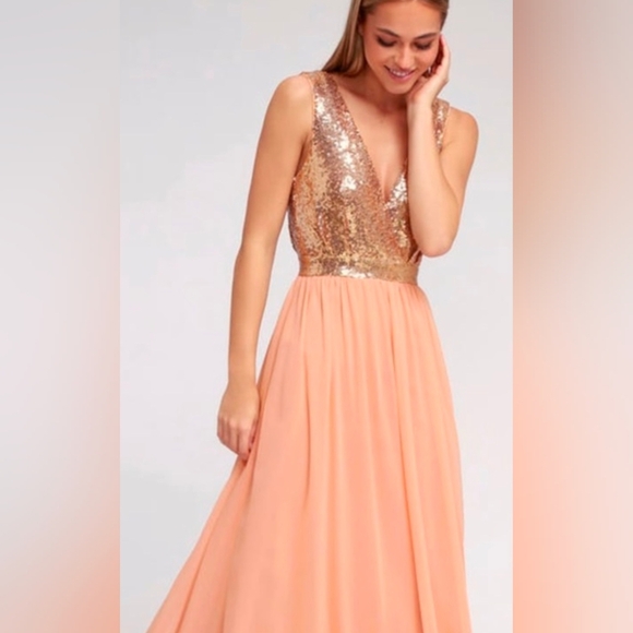 Lulu's Gown Dress Peach Pink Rose Gold Sequin L - Picture 1 of 12